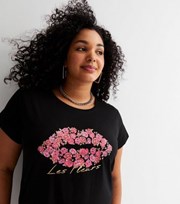 New Look Curves Black Floral Lips Logo T-Shirt